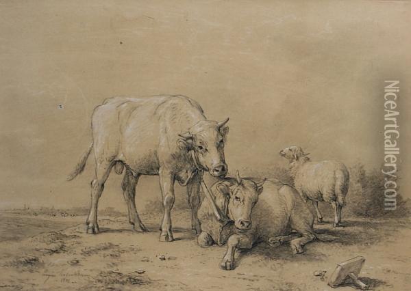 Two Tethered Bulls And A Sheep Before A Landscape Oil Painting - Eugene Joseph Verboeckhoven