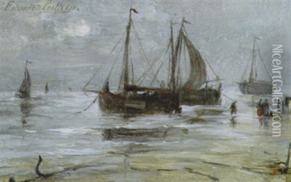 Strandgezicht Met Visserboten Oil Painting - Edward Antoon Portielje