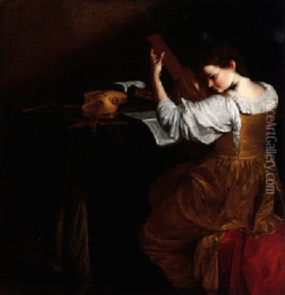 Portrait Of A Lady Playing The Lute, Seated At A Table Scattered With Insturments And Musical Scores Oil Painting - Orazio Gentileschi