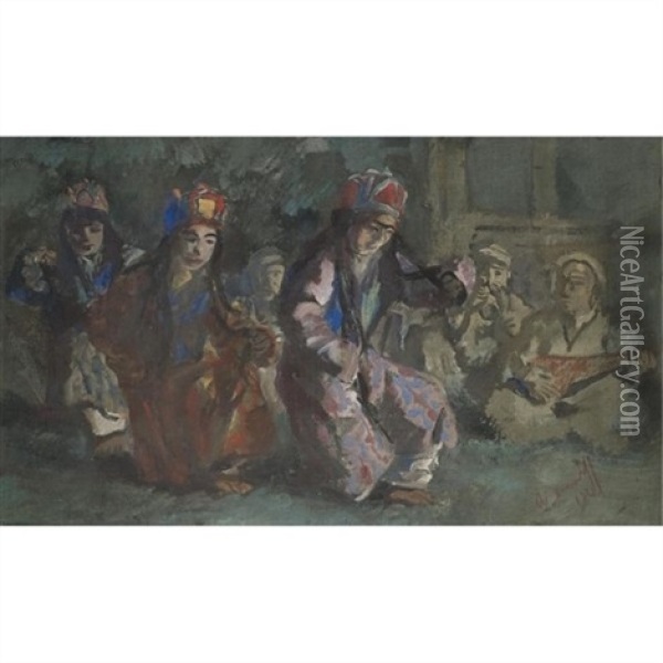 Dancers Of The Mir Of Hunza Oil Painting - Alexander Evgenievich Iacovleff