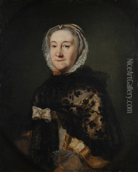 Portrait Of A Lady (mary Stroud?) In A Cream Dress And Black Lace Shawl And White Lace Headdress Oil Painting - Allan Ramsay