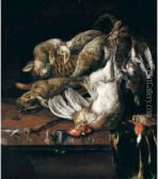 Still Life Of Rabbits On A 
Wicker Basket, A Bantam Cockerel, Partridge, Kingfisher And A Songbird, 
Together With A Knife, Arranged Upon A Marble Table-top Draped With A 
Green Cloth Oil Painting - Melchior de Hondecoeter