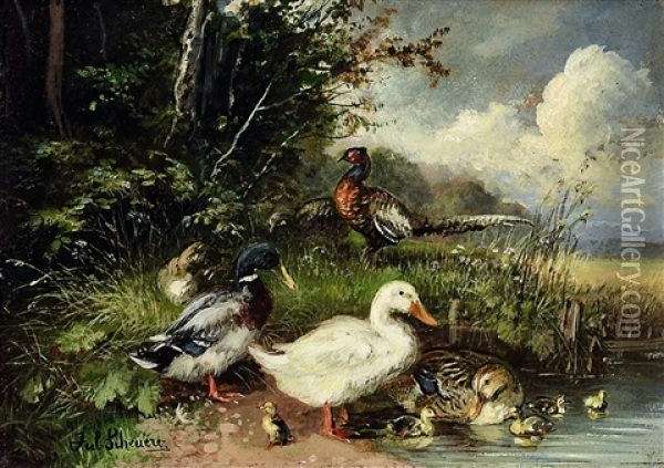 Enten Und Fasane Am Wasser Oil Painting - Julius Scheuerer