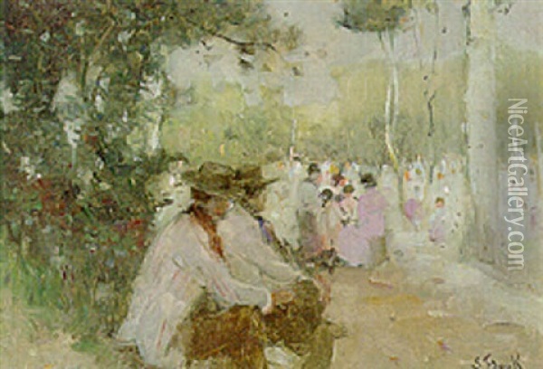 Au Parc De Barcelona Oil Painting - Lucien Frank