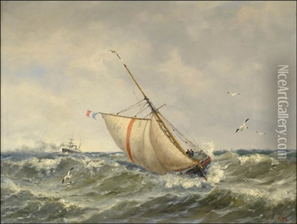 Laiva Myrskyisella Merella Oil Painting - Oskar Conrad Kleineh
