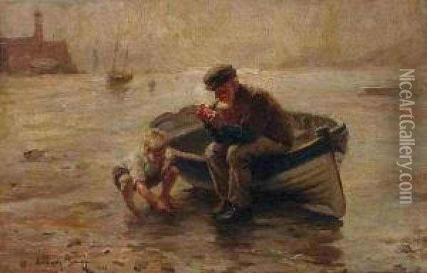 Alter Fischer Mit Seinem Enkel Am Strand Oil Painting - Friedrich, Fritz Raupp