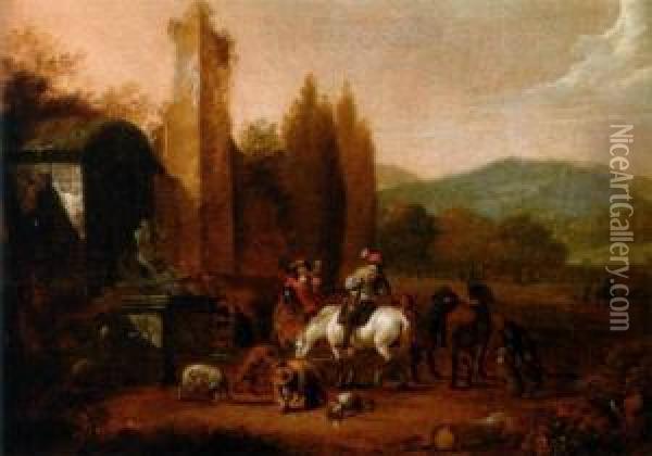 Group Of Hunters Resting Beside A Fountain Amidst Ruins Oil Painting - Hermann Van Lin