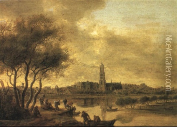 A View Of Rhenen Seen From The South Bank Of The Nederrijn Oil Painting - Anthony Jansz van der Croos