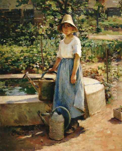 At the Fountain Oil Painting - Theodore Robinson