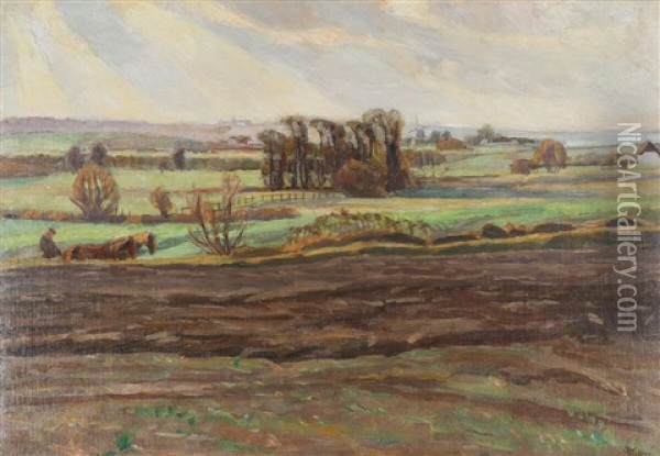 Landscape With A Farmer Ploughing His Field Oil Painting - Fritz Syberg