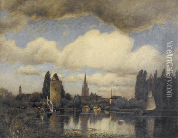 Flussuferpartie Mit Stadt Oil Painting - Francois-Charles Vuillermet