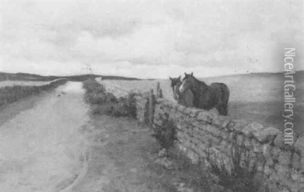 Horses At A Gate Oil Painting - Alexander Mann