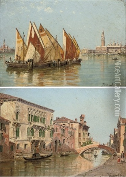 Trading Vessels Moored Before The Entrance To The Grand Canal (+ A Venetian Backwater; Pair) Oil Painting - Antonietta Brandeis