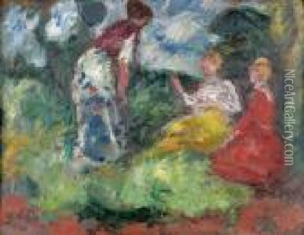 Drei Damen Im Park. Oil Painting - Georges dEspagnat
