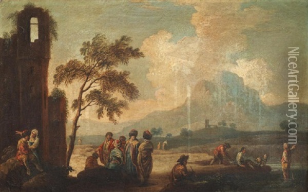 An Extensive River Landscape With Hungarian Figures Conversing In The Foreground Oil Painting - Francesco Simonini