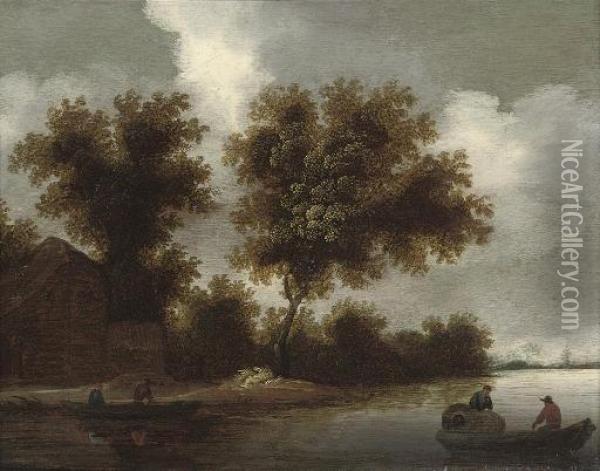 A Wooded River Landscape With Rowing Boats And Peasants By A Farmhouse Oil Painting - Pieter de Neyn