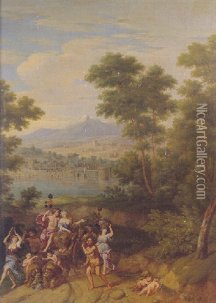 A Classical Italianate Landscape With Triumph Of Bacchus And Ariadne Oil Painting - Pieter Rysbraeck