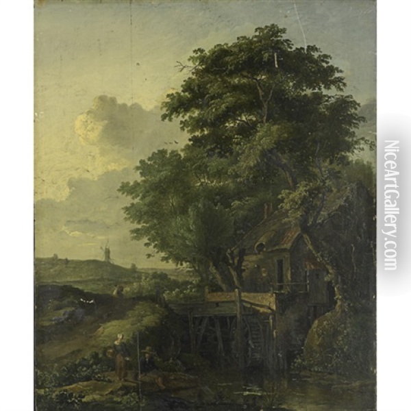 A Pastoral Landscape With Figures And Windmill Oil Painting - Meindert Hobbema