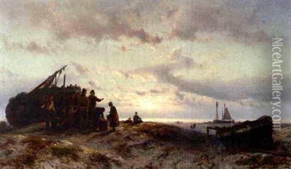 A Beach Scene Oil Painting - Johannes Hermanus Barend Koekkoek