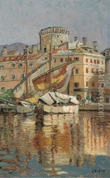 The Harbour At Spoleto, Italy Oil Painting - Eugen Ankelen