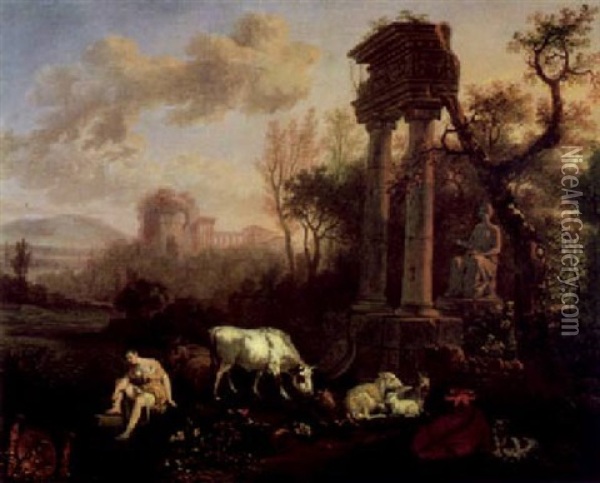 Hirtin Mit Herde In Einer Landschaft Mit Antiken Ruinen Oil Painting - Gerard Hoet the Elder