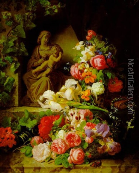 Madonnenstatue In Einer Nische, Umrankt Von Blumen Und Efeu Oil Painting - Josef Lauer
