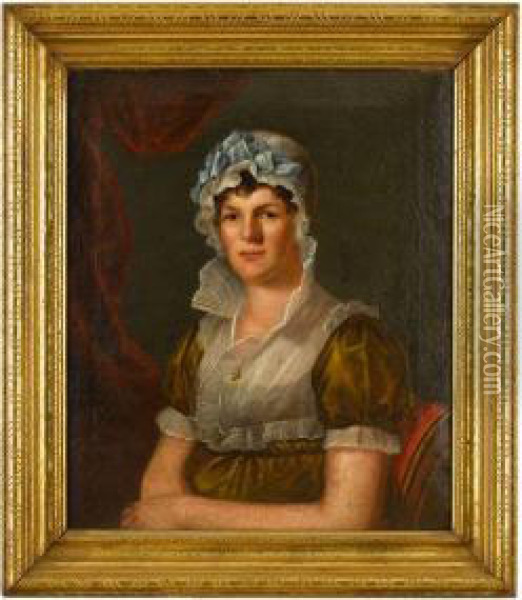 Seated Woman In Lace Cap With Blue Ribbon In Olive Coloreddress Oil Painting - Bass Otis