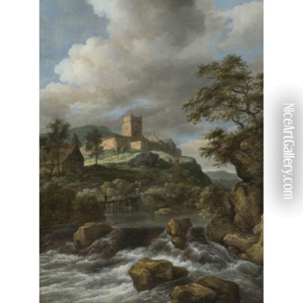 Waterfall With A Castle Beyond, Travellers On A Footbridge Nearby Oil Painting - Jacob Van Ruisdael