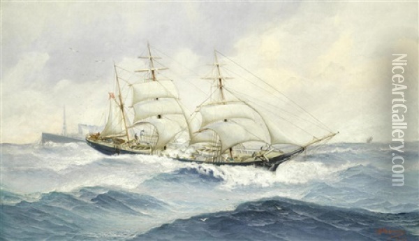 A Three-masted Barque In Choppy Waters Oil Painting - John Henry Mohrmann