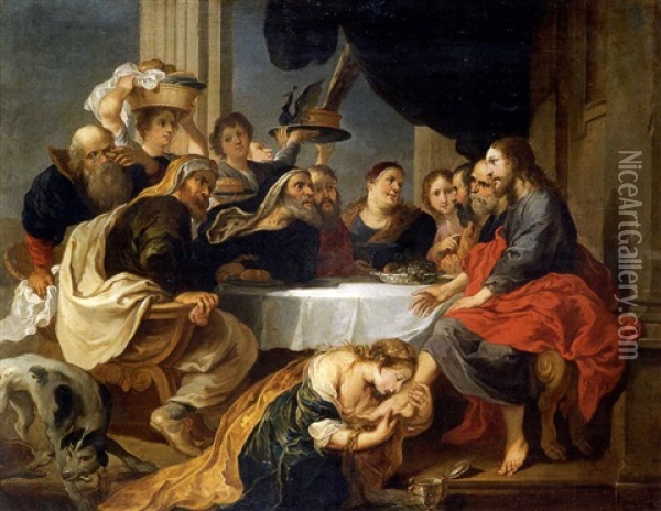 Maria Magdalena Perfumando Los Pies De Cristo (cristo En Casa De Simon El Fariseo) Oil Painting - Victor Wolfvoet the Younger