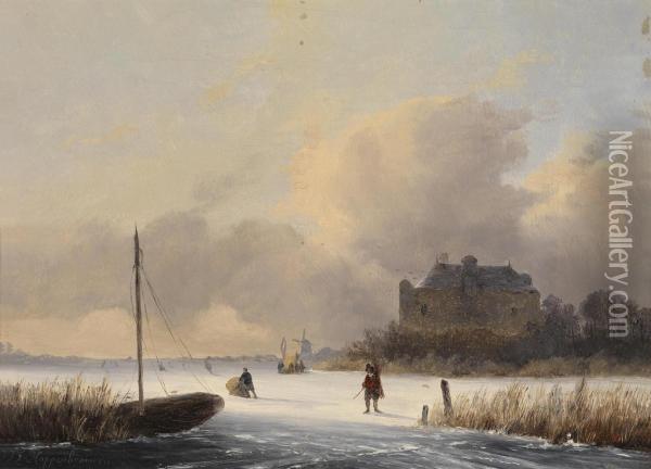 Ice Skaters In A Dutchwinter Landscape Oil Painting - Johannes Franciscus Hoppenbrouwers