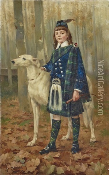 A Boy In A Kilt With A Dog Oil Painting - Josep (Jose) Cusachs y Cusachs