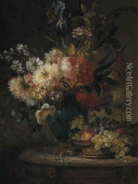 Still Life Of Flowers And Fruit On A Table Oil Painting - Willem van Leen