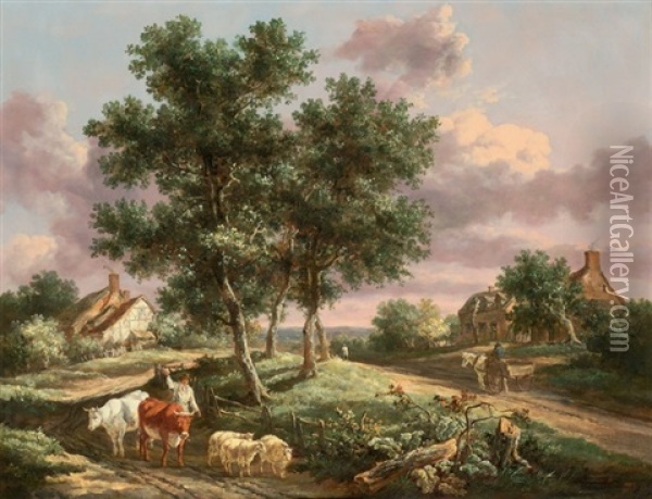 A Landscape With A Drover On A Path With Sheep And Cattle Oil Painting - Henry Milbourne