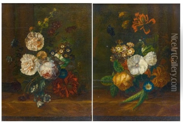 Bouquet De Fleurs Sur Un Entablement (+ Another; Pair) Oil Painting - Jan Frans Van Dael