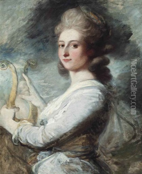 Portrait Of A Lady, Half-length, In A Lavender And White Dress, Playing A Lyre Oil Painting - Ozias Humphry