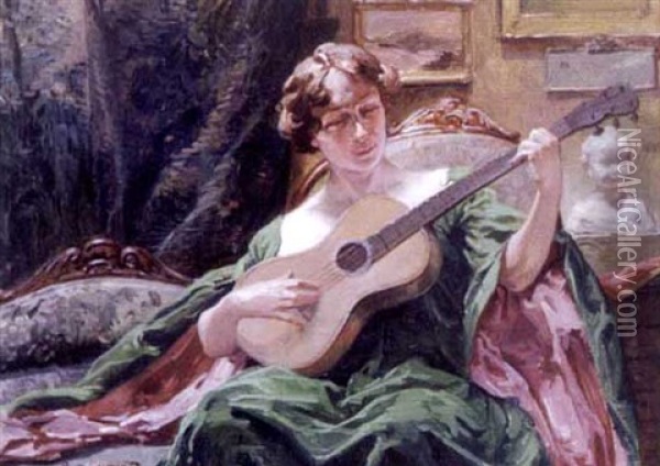 Femme A La Guitare Oil Painting - Henri Privat-Livemont