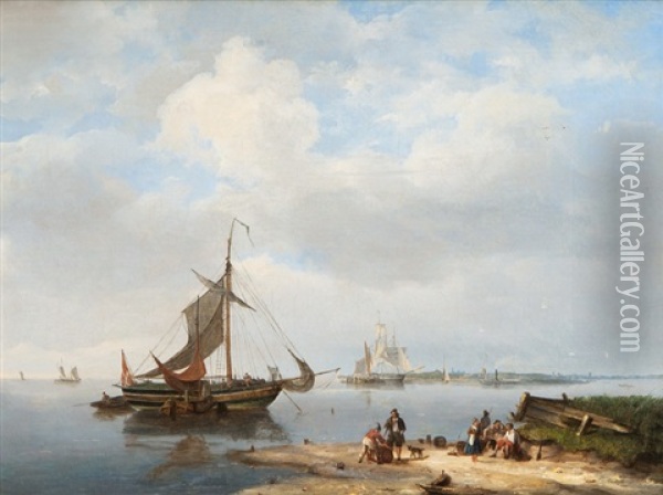 Fishing Boats Before The Silhouette Of The Island Texel Oil Painting - Nicolaas Riegen