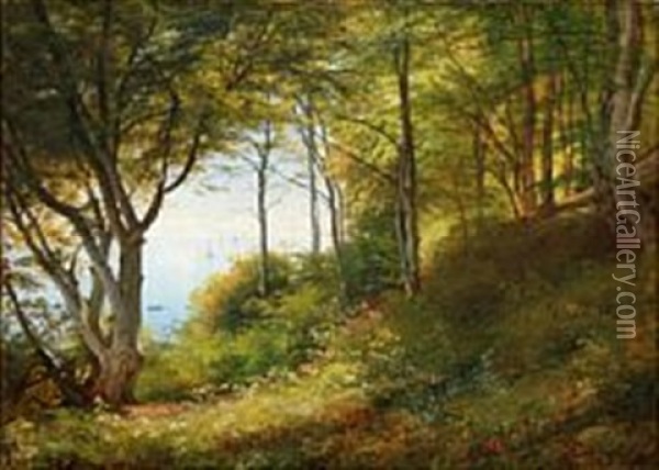 Forest Scene With A View Towards A Bay With Sailing Ships Oil Painting - Carl Frederik Peder Aagaard