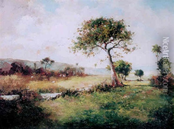 A River Landscape With Gauchos In The Distance Oil Painting - Esteban Chartrand