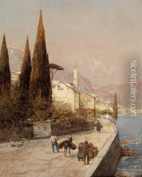 Italienische Kustenlandschaft Mit Figuraler Staffage Oil Painting - Georg Fischhof