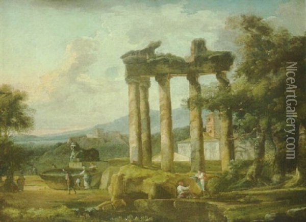 Paysage De La Campagne Italienne A La Fontaine Et Au Ruine D'un Temple Antique Oil Painting - Giovanni Battista Cimaroli