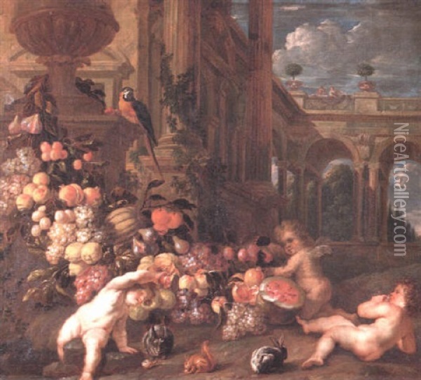 Putti Playing With A Swag Of Fruit In A Garden Oil Painting - Jan Pieter Ykens