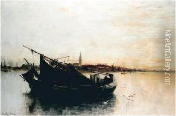 A Thames Barge Off Battersea Oil Painting - Clara Montalba