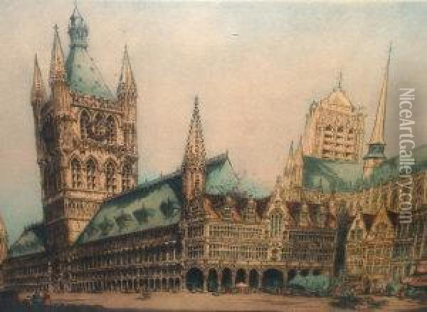 Re -- View Of A European 
Cathedral Square; Etching Printed In Colours, Signed In Pencil, 47x67cm Oil Painting - William Monk