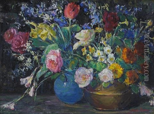 A Still Life With Roses, Daffodils And Other Flowers In Two Vases Oil Painting - Kathryn E. Bard Cherry