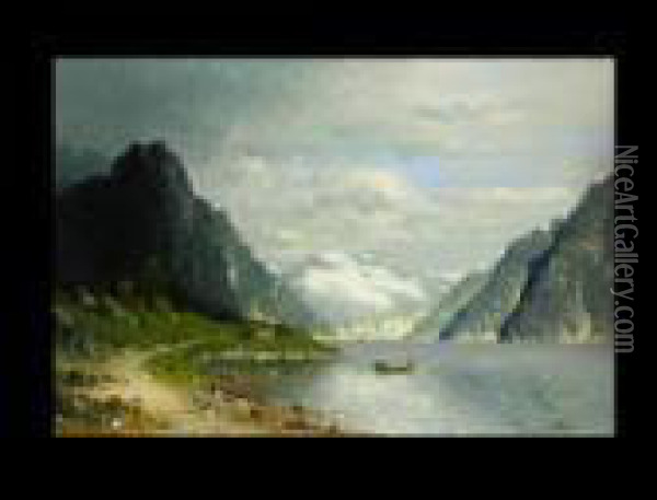 Fjordlandschaft Oil Painting - Johann Jungblutt