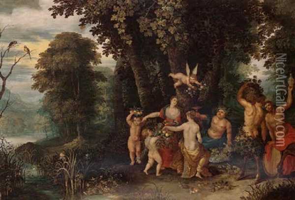 Bacchus And Ceres Feasting On Food And Wine In A Wooded Landscape (sine Cerere Et Baccho Friget Venus) Oil Painting - Abraham Govaerts