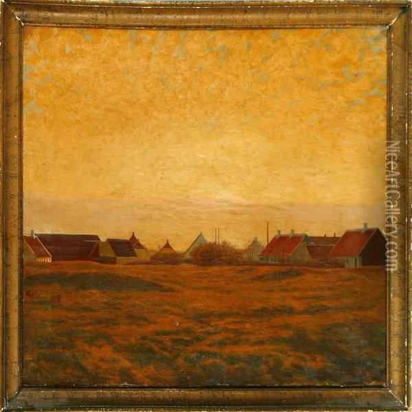 Sun Over Skagen With Houses In The Background Oil Painting - Poul Corona