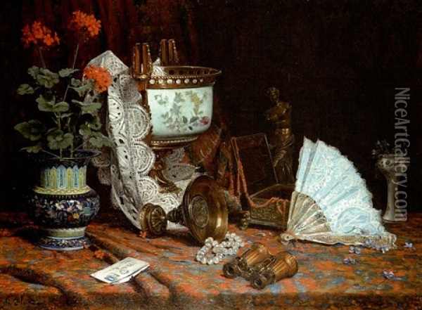 Nature Morte A L'eventail Oil Painting - Jean Baptiste Olive